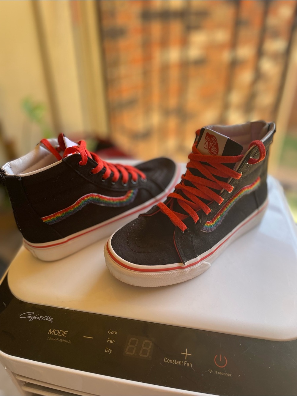 Vans Kids High-Top Sneakers in Black with Rainbow Stripe and Red Laces